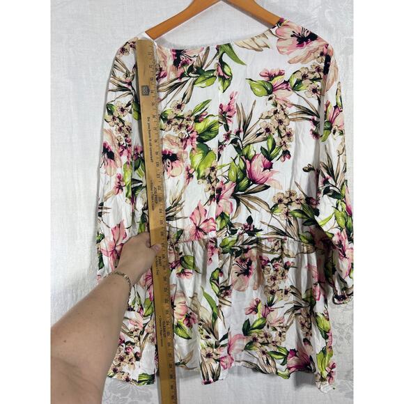 Lane Bryant Top 22 24 Pink Green Floral Peplum Balloon Sleeve Flowy Babydoll - Picture 10 of 10